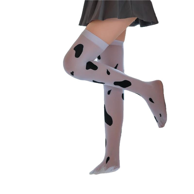 Image of Shu Yao erotic cow stockings sex stockings long milky white spotted socks high top over the knee W28
